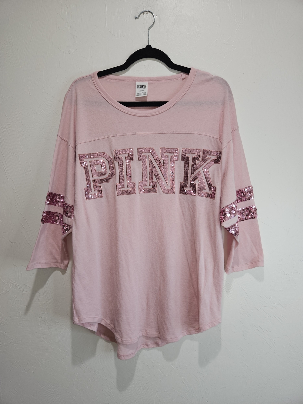 PINK Victoria's Secret Light Pink Sequin Logo Stripe Sleeve Tee Women's Medium - Picture 2 of 11